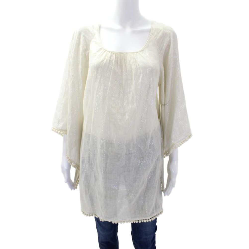 Delfina Womens Cotton Long Sleeve Scoop Neck Shiny Tunic Blouse Cream Size S